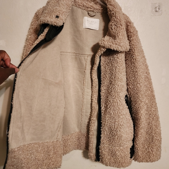 Zara Teddy Faux Shearling Aviator Moto Jacket With Leather Accents Size L - Picture 4 of 11